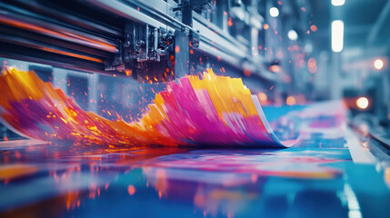 A vibrant print process is captured, showcasing colorful ink flowing from a high-tech printing machine, highlighting modern printing technology.