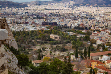 Agora of Athens, seen from above, against the background of blue sky and beautiful Greek city, Athens