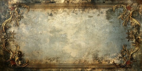 Vintage grungy background texture with ornate gold framing element, featuring muted blues and browns, creating an aged, elegant ambiance.