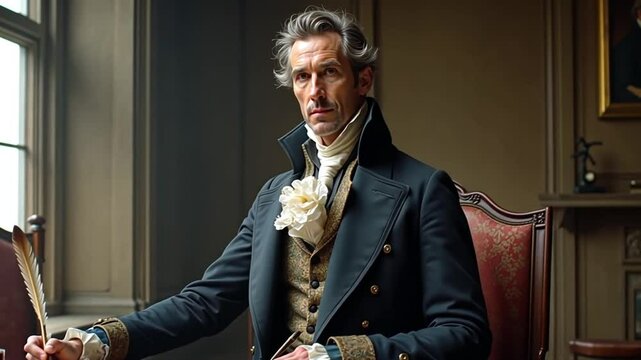 A refined gentleman of the Romantic period, in a turtleneck shirt, waistcoat and tailcoat, exudes 19th century sophistication.