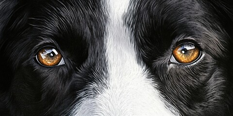 Close-up portrait of a Border Collie with striking brown eyes against a black and white fur background showcasing intricate details and textures.