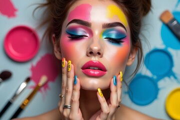 Colorful lips, eyes, eyeshadows and nail art. Beauty makeup artist ideas.