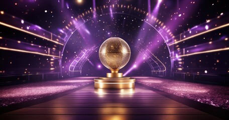 A sparkling globe trophy on a stage with vibrant lights, symbolizing celebration and achievement.