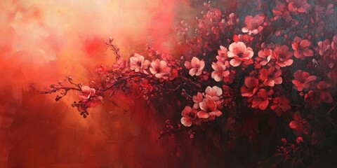 Vibrant spring blossoms in shades of pink and red on an abstract warm background with soft gradients creating a serene floral arrangement.