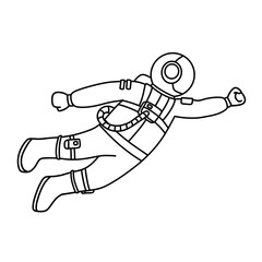 Man floating in space wearing astronaut suit. Thin line illustration.