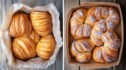Fototapeta premium Freshly baked golden croissants displayed in parchment-lined and cardboard bakery boxes.