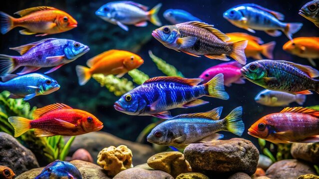 Malawi cichlids gleam under night photography; stunning Maingano and Melanochromis Mbuna aquarium.