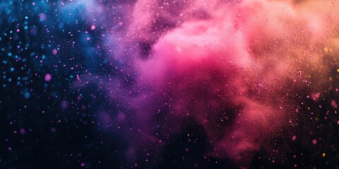 Colorful abstract powder explosion with vibrant pink, purple, and blue hues blended against a dark background showcasing dynamic motion and texture.