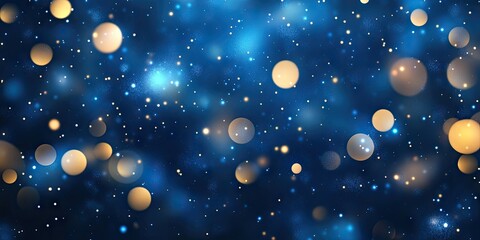 Blue and gold bokeh festive background with blurred circles on a deep blue backdrop creating a sparkling effect for Christmas and New Year celebrations