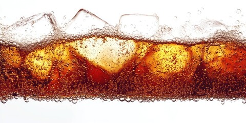 Refreshing cola beverage with ice cubes and bubbles against a clean white background showcasing rich amber tones and sparkling carbonation
