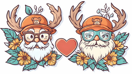 Elderly couple, whimsical deer antlers, floral frame, romantic love, Valentine's Day card illustration