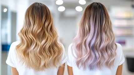 Fototapeta premium A comparison of blonde and pastel purple ombre hairstyles on long wavy hair in a modern salon.