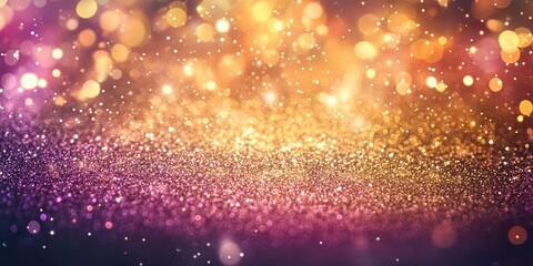 Obraz premium Abstract glittery holiday background featuring vibrant gold, orange, and purple bokeh elements with a soft defocused effect in the center.