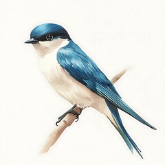 Obraz premium Elegant Blue Bird Perched on a Branch - Watercolor Style Illustration.