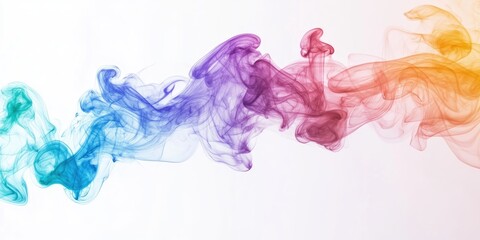 Fototapeta premium Colorful swirling smoke in shades of blue, purple, pink, and orange on a bright white background with a flowing wave-like composition.