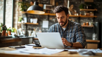 Fototapeta premium Male Engineer Developing Mechanical Parts Using 3D CAD Software On Laptop Generative AI