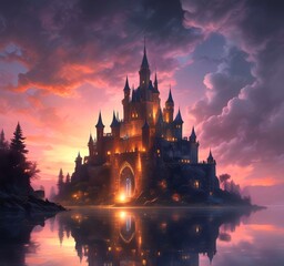 Naklejka premium Illustration of glowing mystery tower castle in night.