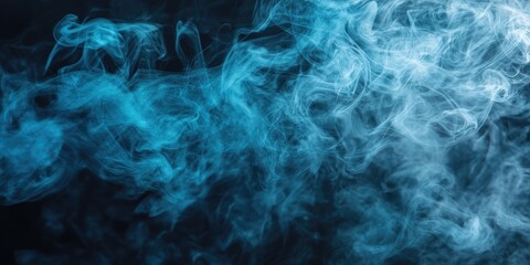 Blue and white smoke swirls on dark background with varied opacity create a mystical atmosphere and dynamic movement in the composition.