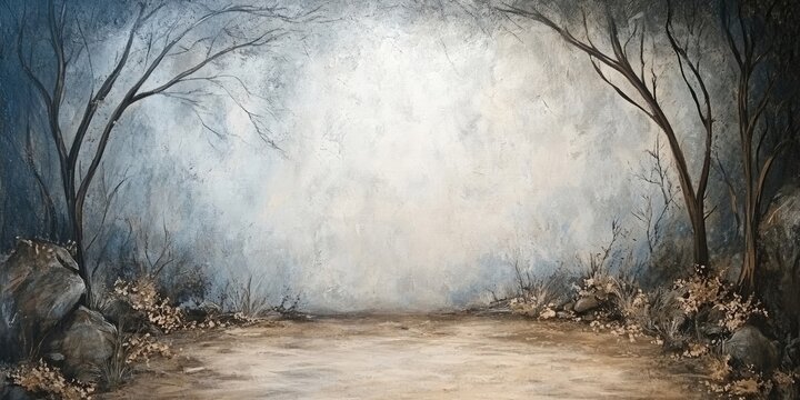Serene handcrafted painted backdrop featuring soft blue and gray hues with barren trees framing a foggy path and subtle earthy tones in foreground.
