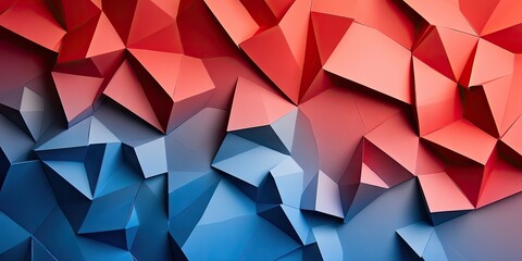Fototapeta premium Abstract geometric paper backdrop in shades of vibrant red and blue with jagged triangular shapes cascading diagonally across the image.