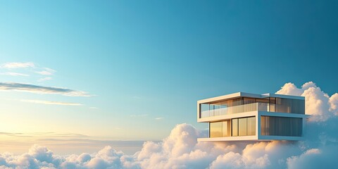 Modern architectural residence hovering amidst fluffy white clouds with a vibrant blue sky backdrop and soft golden sunlight casting warm tones.