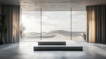 3D render of a modern space with muted tones, a podium in a clean design, and an unobstructed view of rolling sand dunes through large windows, lifelike 4K