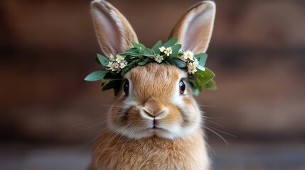Adorable bunny wearing a vibrant flower crown, posed against a yellow and pink gradient background.