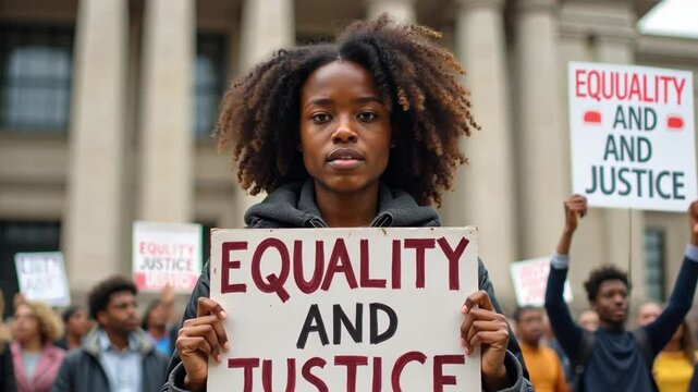 A determined young African American individual holds a "Equality and Justice" sign, standing amidst banners and passionate expressions in a peaceful civil rights protest.