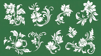Elegant floral design elements; green background; swirls, leaves, and flowers; for graphic design