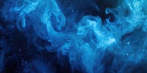 Obraz premium Swirling blue smoke on a dark cosmic background with scattered stars creating a mystical atmosphere and depth in a surreal composition.