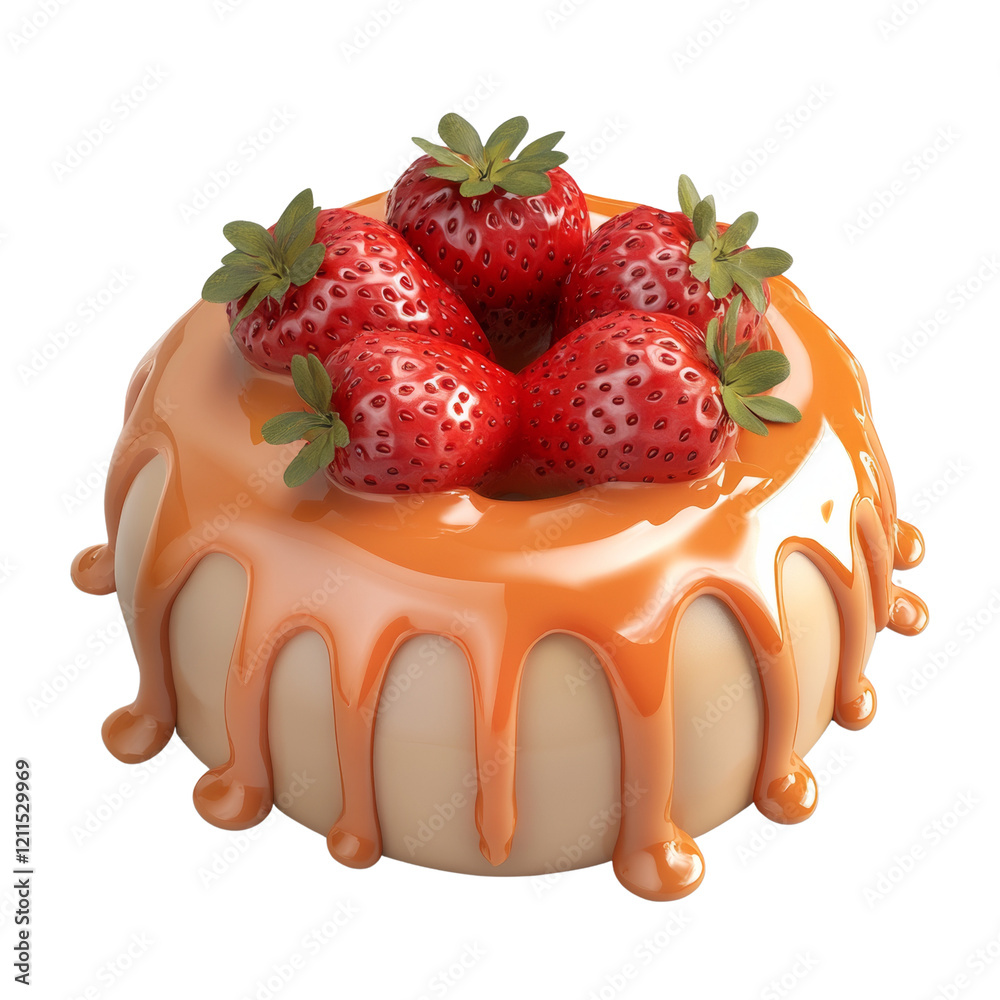 Poster a delicious caramel cake is adorned with fresh strawberries and a generous caramel drizzle.
