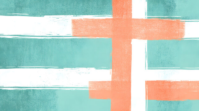 A rectangular flag with intersecting geometric shapes in vibrant tones of coral, teal, and white, creating a contemporary design on a clear background 