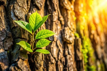 Fototapeta premium Old tree, reborn. Fresh green shoots burst from brown bark, a vibrant spring renewal.