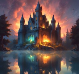 Fototapeta premium Illustration of glowing mystery tower castle in night.