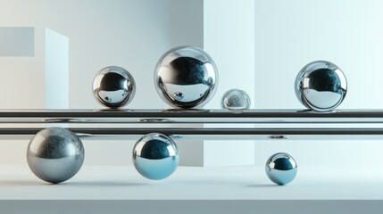 A clean 3D composition with metallic rods and glossy spheres balancing on a matte neutral backdrop, ultra-realistic 4K photo