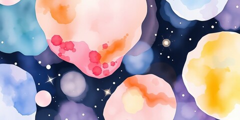 Soft hues blend harmoniously in a whimsical display of celestial shapes, evoking feelings of wonder and exploration in a vibrant cosmic atmosphere