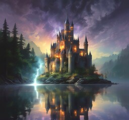 Illustration of glowing mystery tower castle in night.