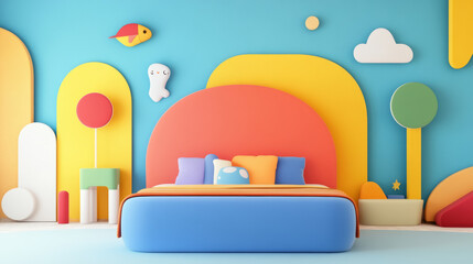 vibrant children room featuring colorful bed with playful headboard, bright wall decor, and cheerful shapes. design creates joyful and imaginative atmosphere