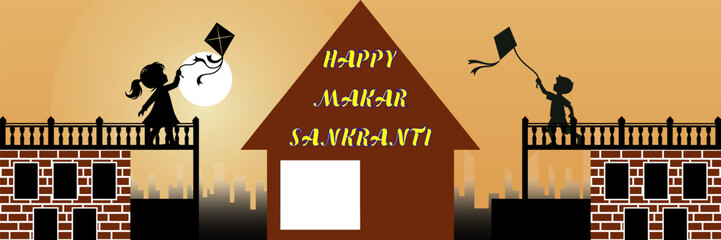 Happy Makar Sankranti Text with Two Friends flying kites from terrace