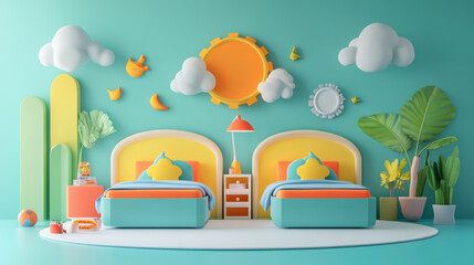 Naklejka premium Bright and playful bedroom for two kids featuring twin beds, matching decor, and vibrant colors. cheerful atmosphere is enhanced by decorative elements like clouds and sun