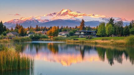 Vibrant sunset over a crystal-clear lake mirroring majestic snow-capped mountains, pure tranquility