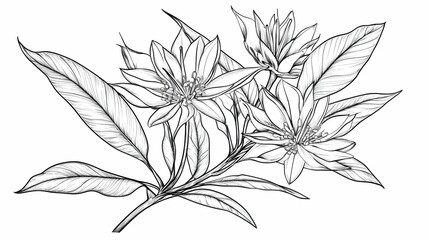 Naklejka premium Elegant hand-drawn citrus blossom branch, isolated on white; botanical illustration for design, print, or packaging