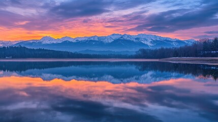 Fototapeta premium Vibrant sunset over tranquil waters mirroring snow-covered peaks, a serene landscape view