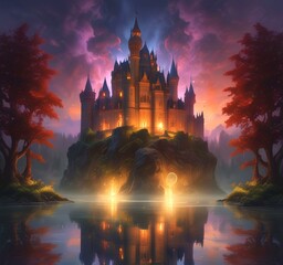 Fototapeta premium Illustration of glowing mystery tower castle in night.