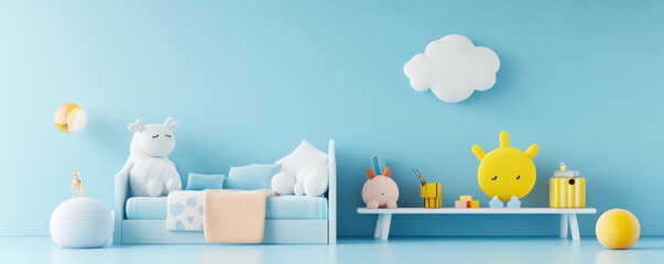 Bright blue themed children bedroom with playful decor and soft toys. cozy space features bed, colorful accessories, and cheerful elements, creating joyful atmosphere