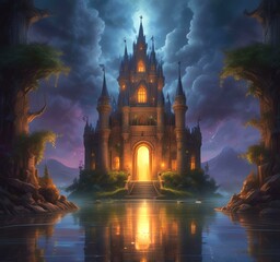 Fototapeta premium Illustration of glowing mystery tower castle in night.