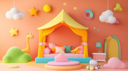 Bright kids room with canopy bed, soft toys, and cheerful decor. playful atmosphere features colorful clouds, stars, and friendly giraffe, creating joyful space for children