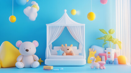 Bright kids room with canopy bed, soft toys, and cheerful decor. playful atmosphere features colorful elements, creating joyful space for children to enjoy
