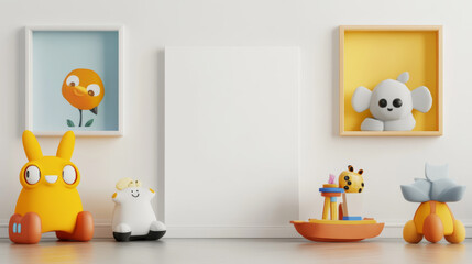 colorful children bedroom featuring playful toys and blank wall for mockup. cheerful atmosphere is enhanced by vibrant decor and cute characters