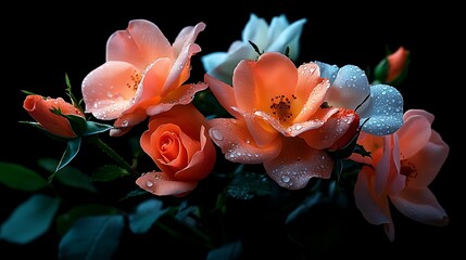 Dewy peach and white roses bouquet, dark background, floral arrangement, romantic, nature